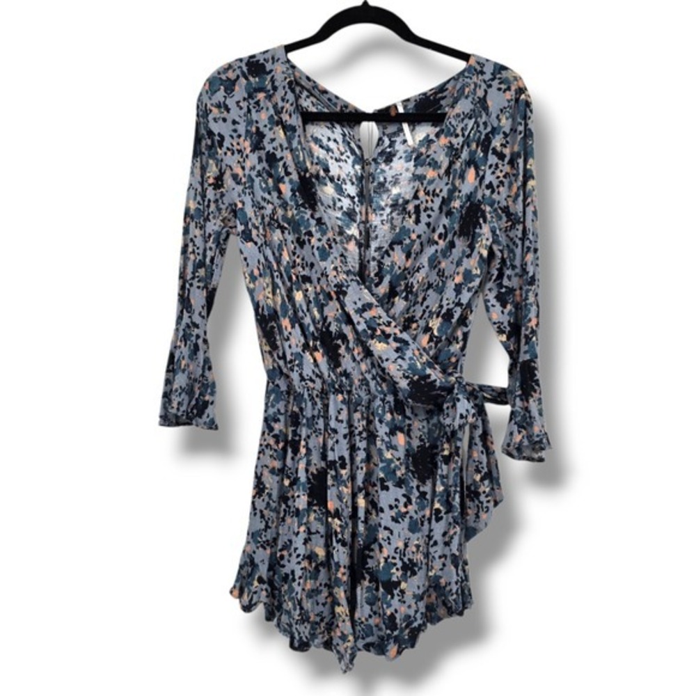 Free People Romper Mini Dress Floral‎ Print Long Sleeve Blue Size Small